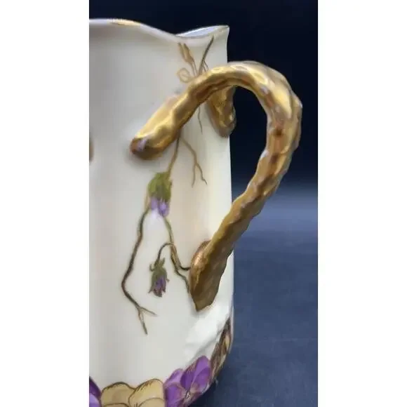 Antique H&Co Limoges Cream Pitcher 1 Pint Gold Floral Pansies - RARE